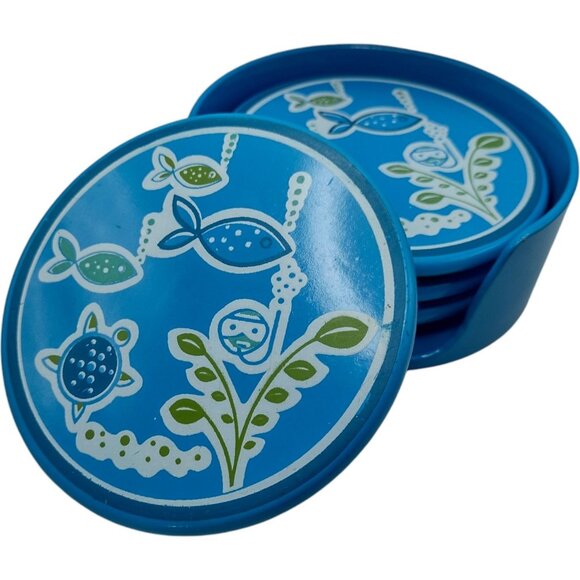 Set Of 4 Vintage Fish & Scuba Diver Blue Ceramic Coasters Holder Ocean Nautical - Picture 1 of 6